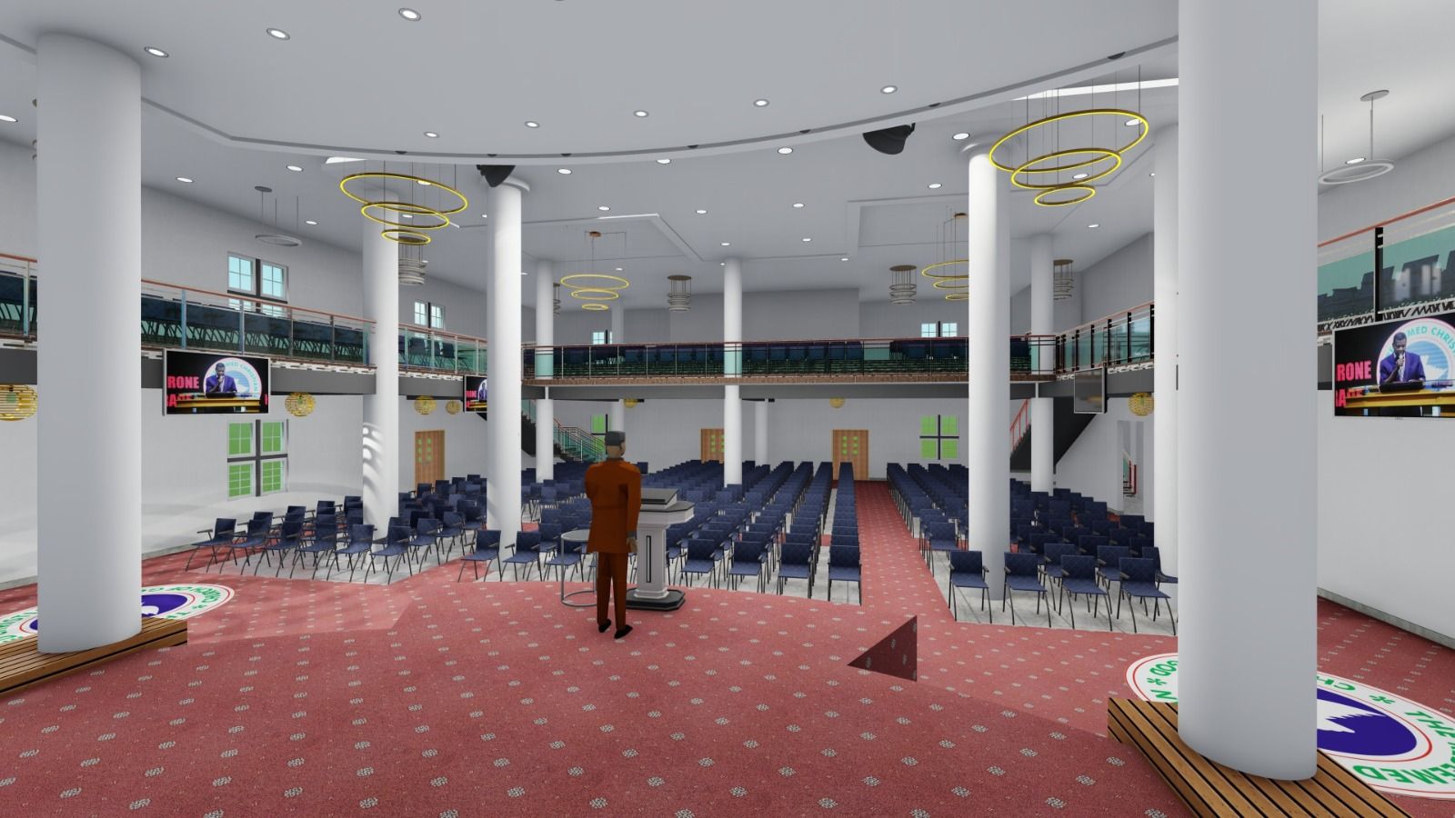 3D rendering of an auditorium with rows of seating, a gallery level, white columns and a stage