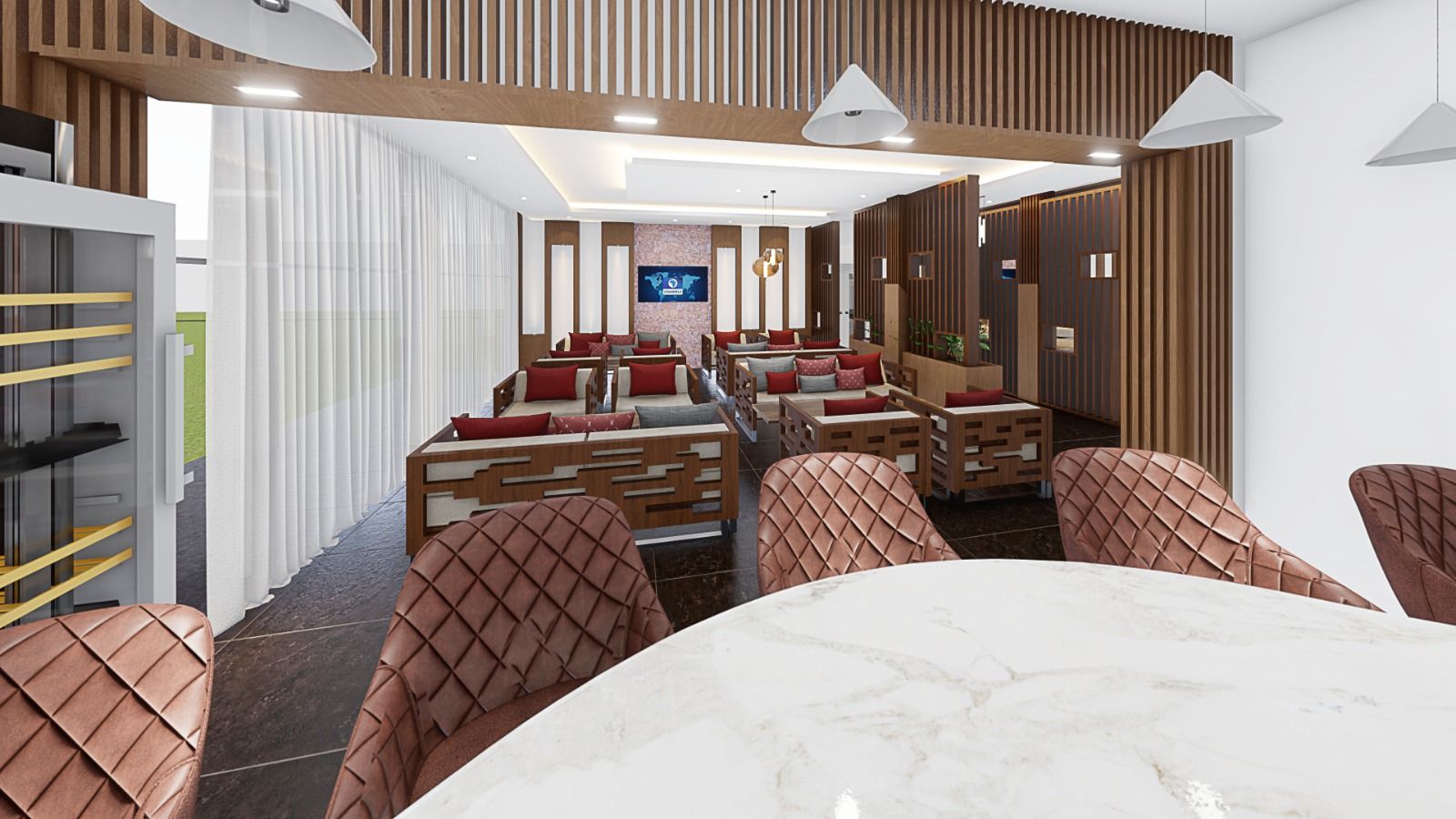 3D rendering of a commercial lounge and dining interior