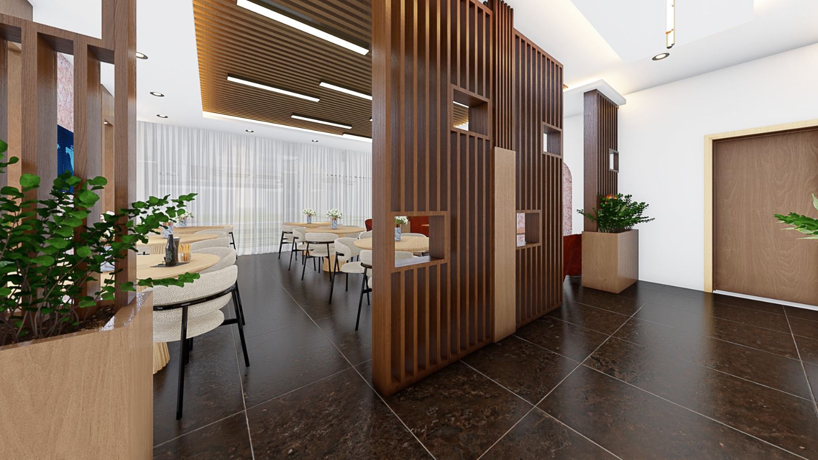 3D rendering of a timber slat partition dividing a cafe-style dining area