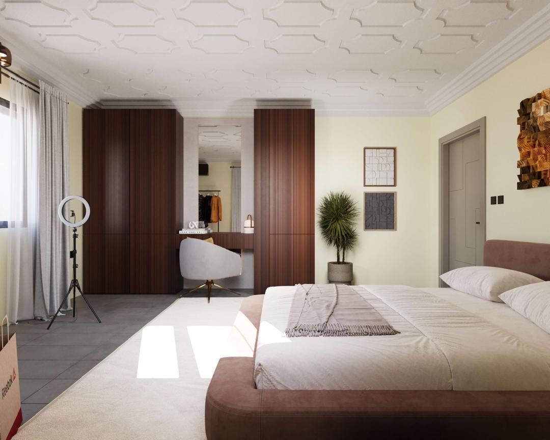 3D rendering of a bedroom with full-height dark timber wardrobes, a dressing area and a double bed