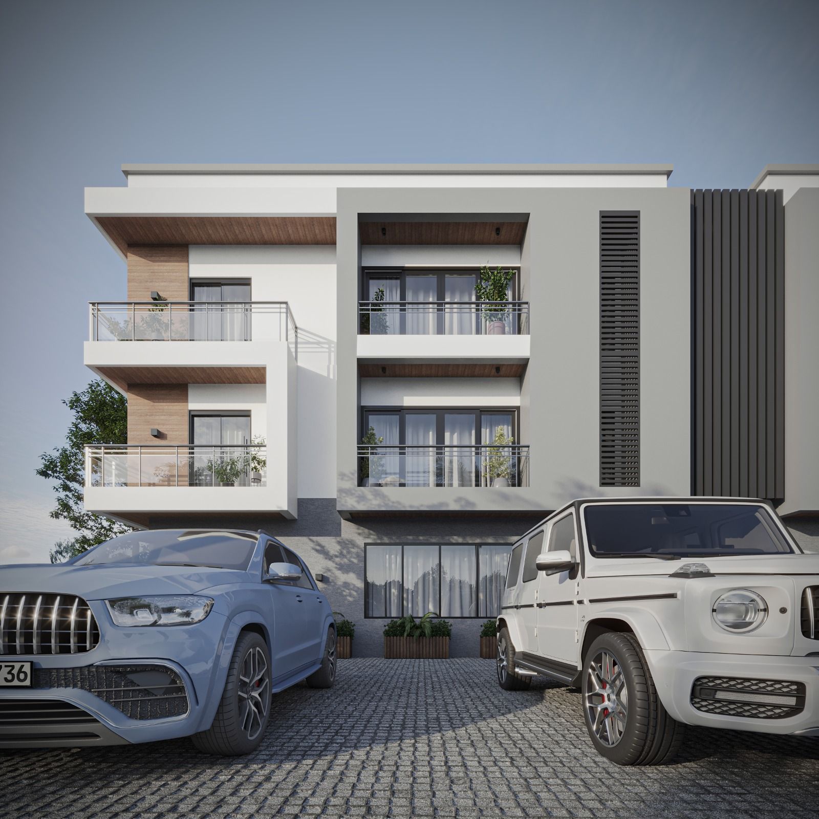 3D rendering of a residential block with balconies and timber cladding