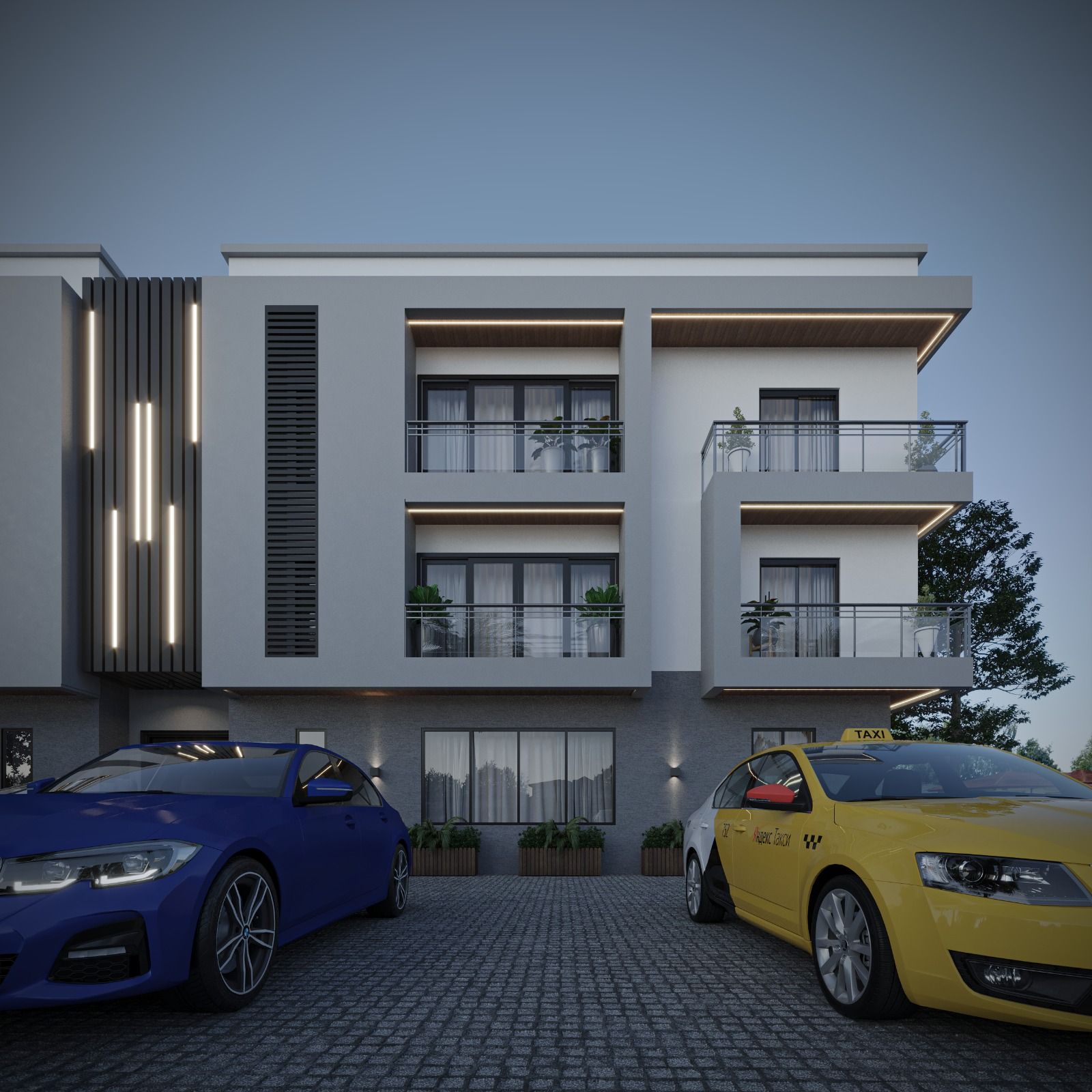 3D rendering of a residential block at dusk with vertical light fins and lit balconies
