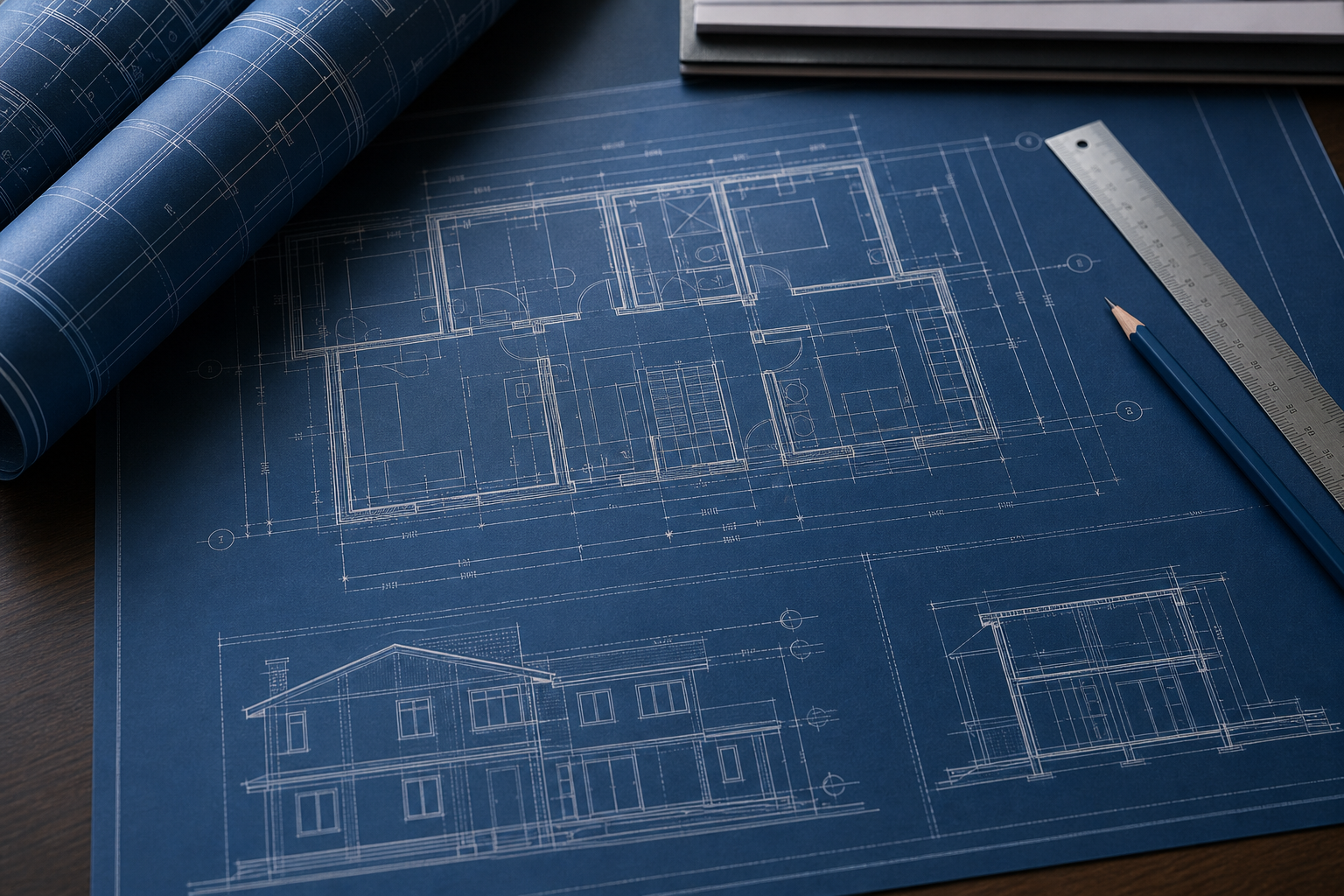 Floor plan blueprint on a desk with a ruler and pencil