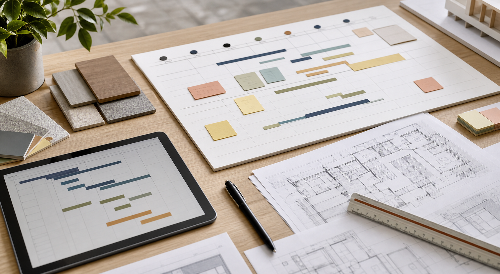 Planning schedule, material samples, tablet and drawings on a desk