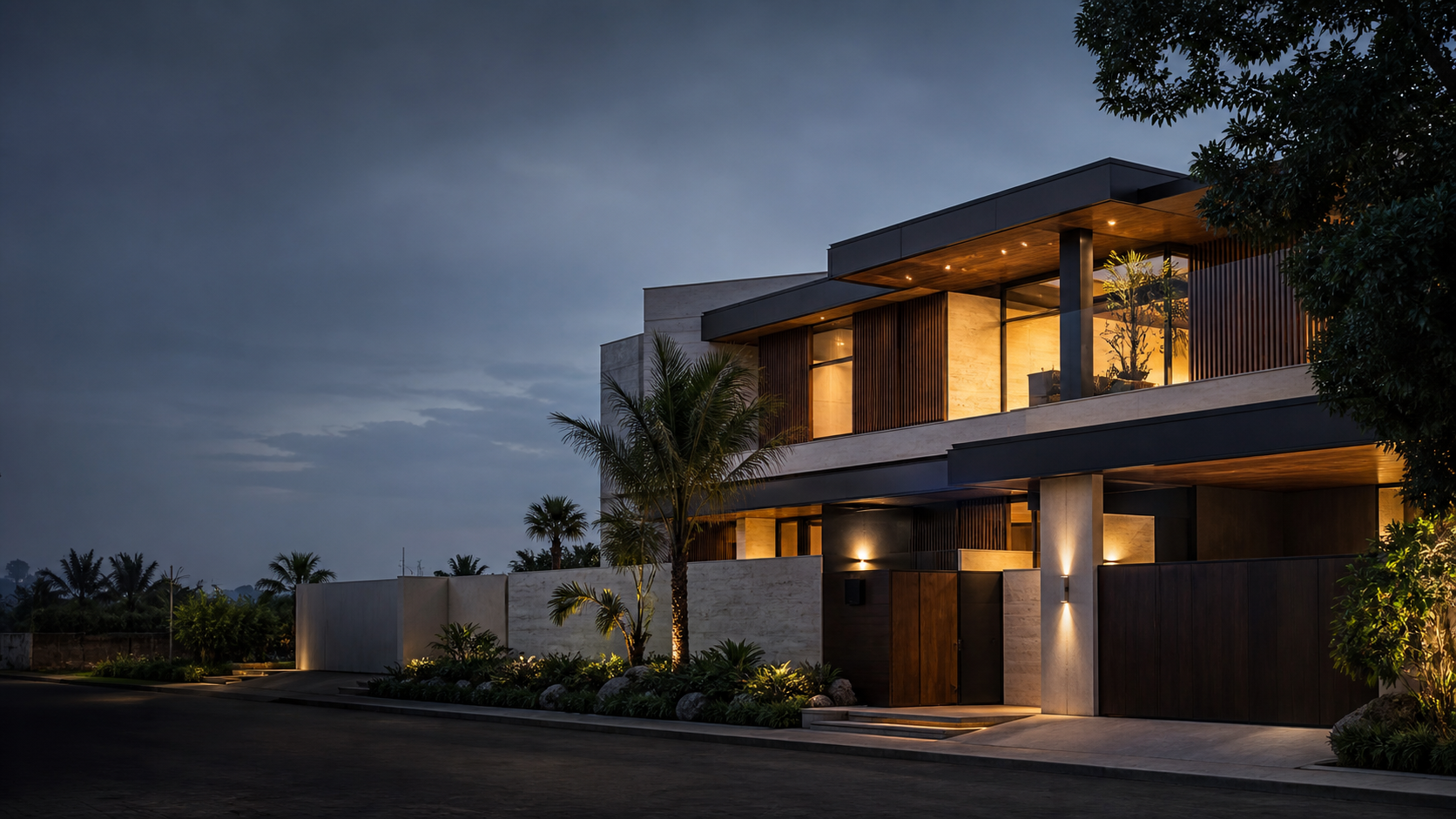 3D rendering of a contemporary two-storey house at dusk with timber cladding and warm lighting