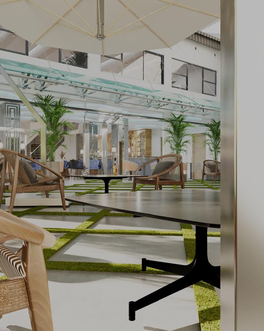 3D rendering of a glass-roofed lounge terrace with rattan chairs, planting and a green-gridded floor